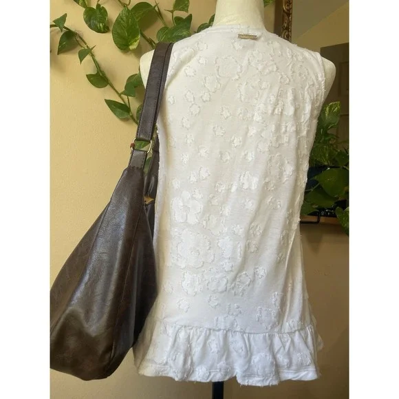 Michael Kors White Floral Sleeveless  Tank Top Ruffle Hem Cotton Knit - Picture 5 of 6